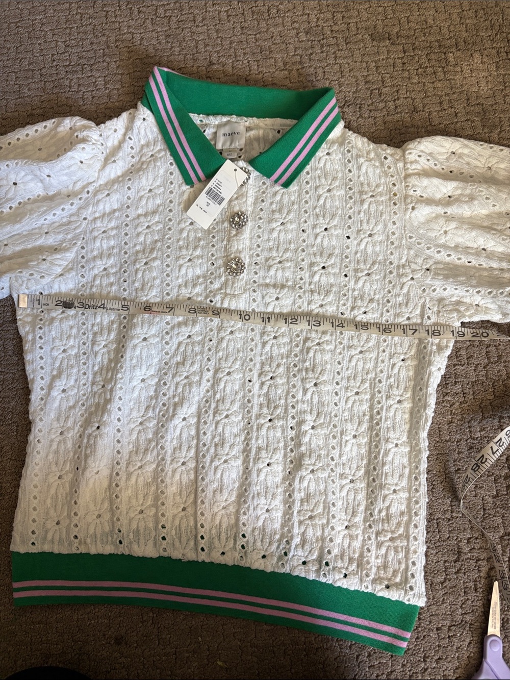Anthropologie Maeve Puff Sleeve Lace Polo in White Green Size Medium New Tag - Picture 6 of 13